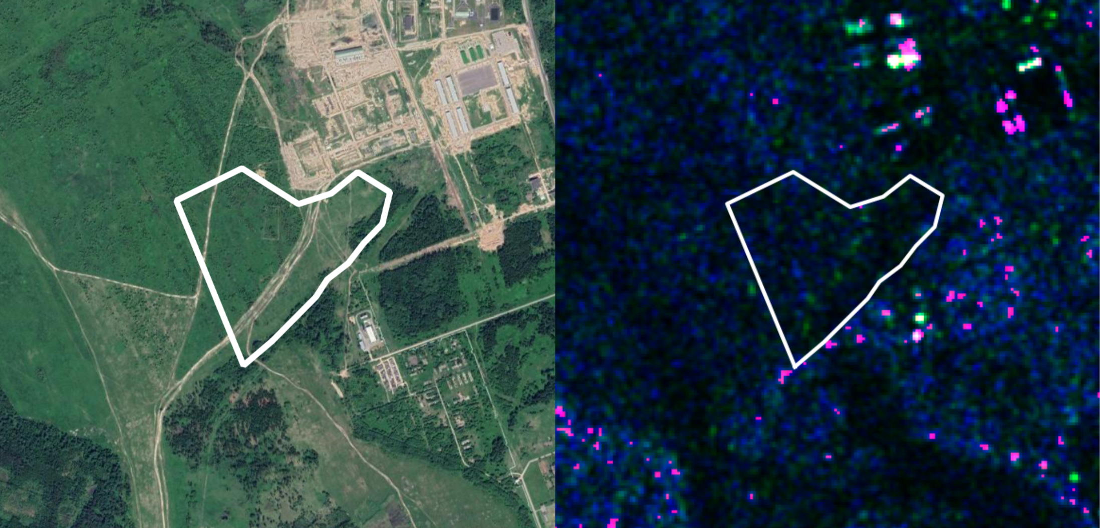 Ліворуч — зображення з Google Satellite тієї самої території що вище, праворуч — дані від радарного сенсору Sentinel-1 за минулий період, коли техніки ще не було