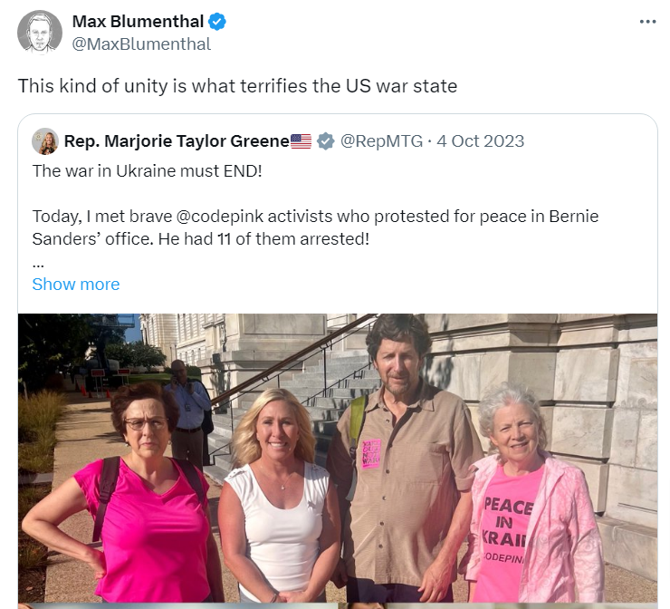 A screenshot from Max Blumenthal's page on the X network, reposting a tweet from a Trump associate. Marjorie Taylor Green (second from left) among the activists of the left-wing community CODEPINK