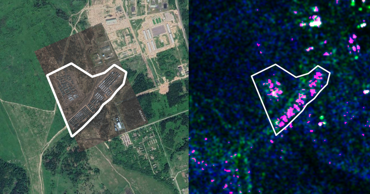 On the left is a satellite image from MAXAR (November 2021), on the right is an image from Sentinel-1 made at the same time