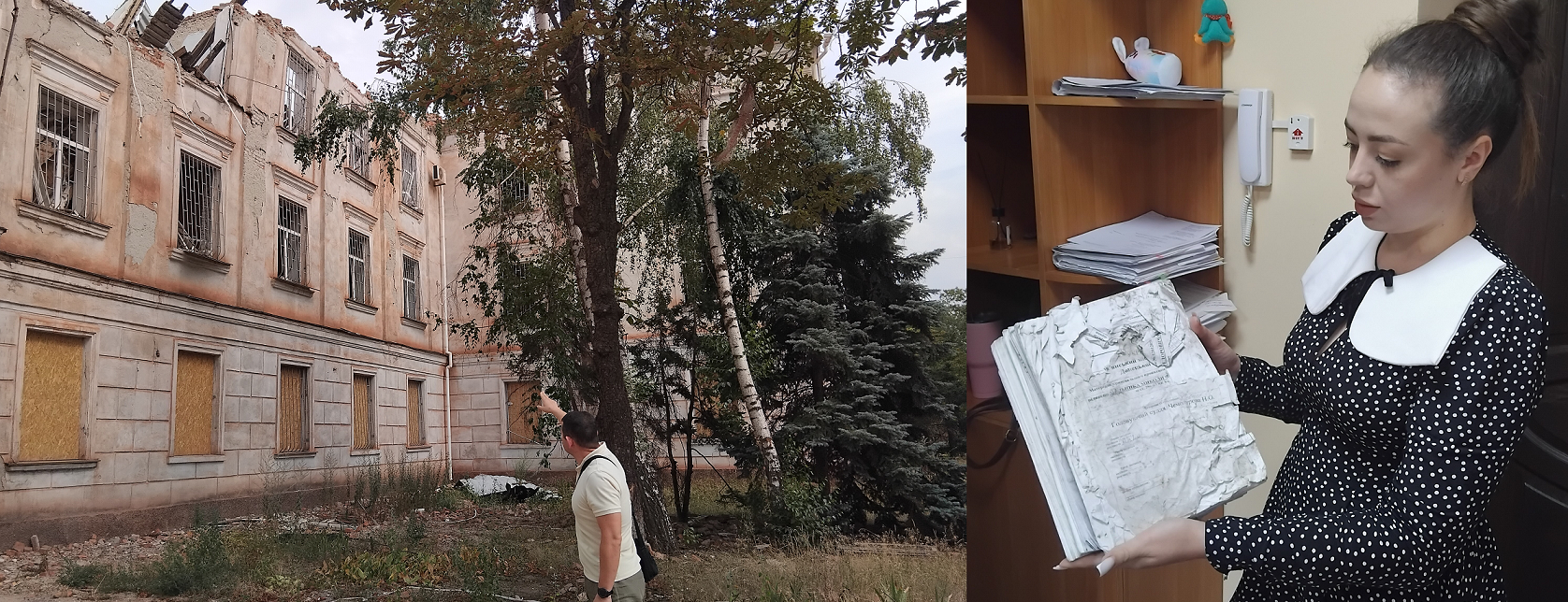 Суддя Дмитро Круподеря показує на місце, де колись був його кабінет. З-під завалів усе ж таки вдалося дістати частину судових справ. Втрачені документи поступово відновлюють, а порвані розглядають як є. Фото авторки