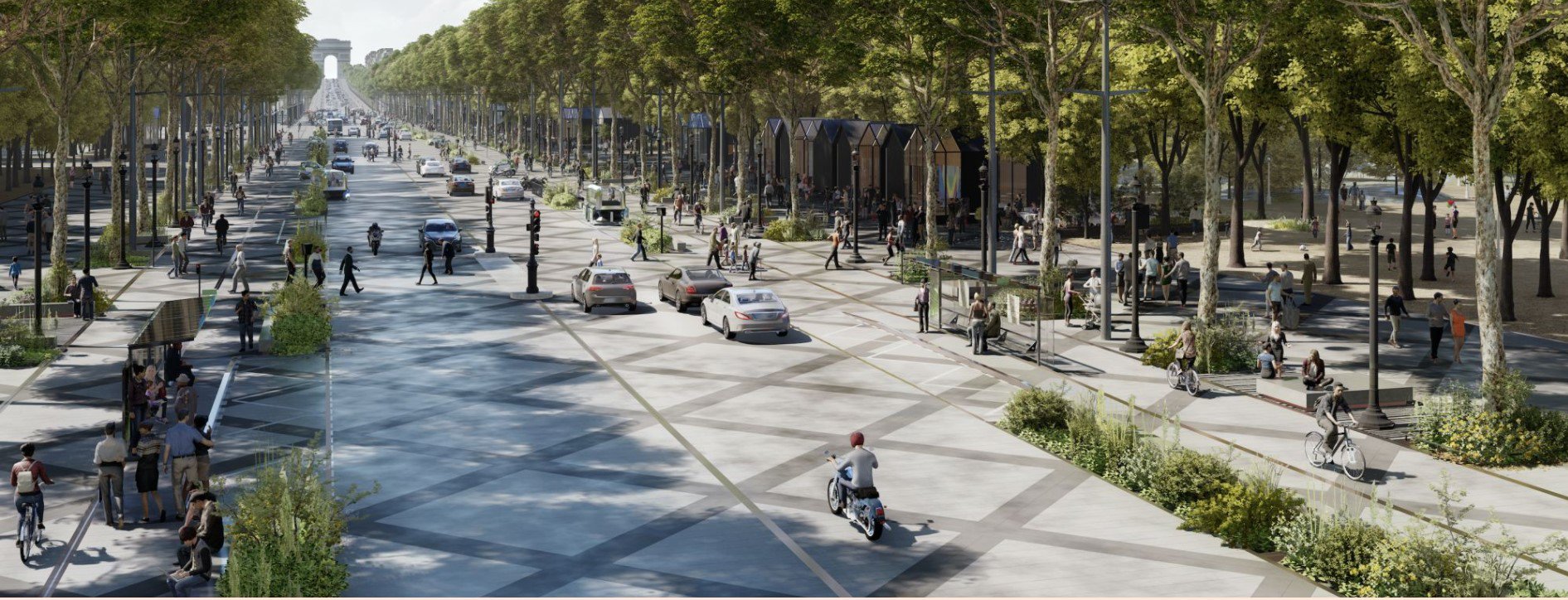 Рендер (зображення) майбутніх Єлисейських полів: більше місця для пішоходів і велосипедів, менше для машин: PCA-Stream