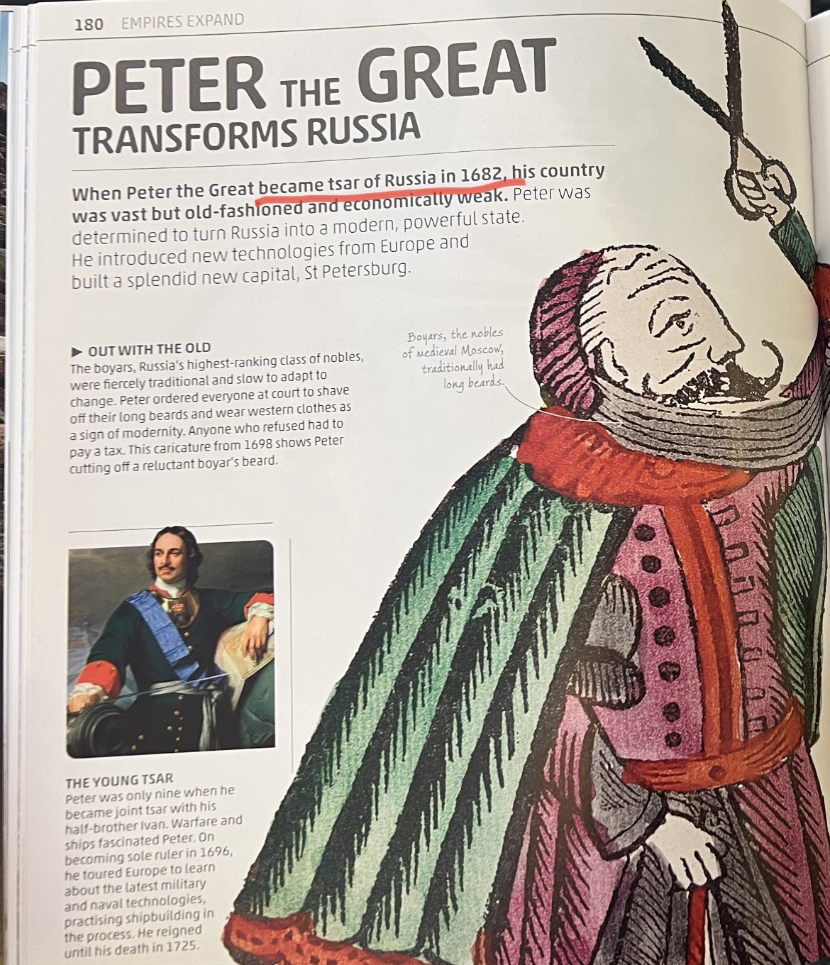 Explanatorium of History, Dorling Kindersley, 2021. I wish someone could explain to explainers: Peter I became a tsar of Muscovy in 1682 and not Russia. He rebranded Muscovy into Russia only some 39 years later