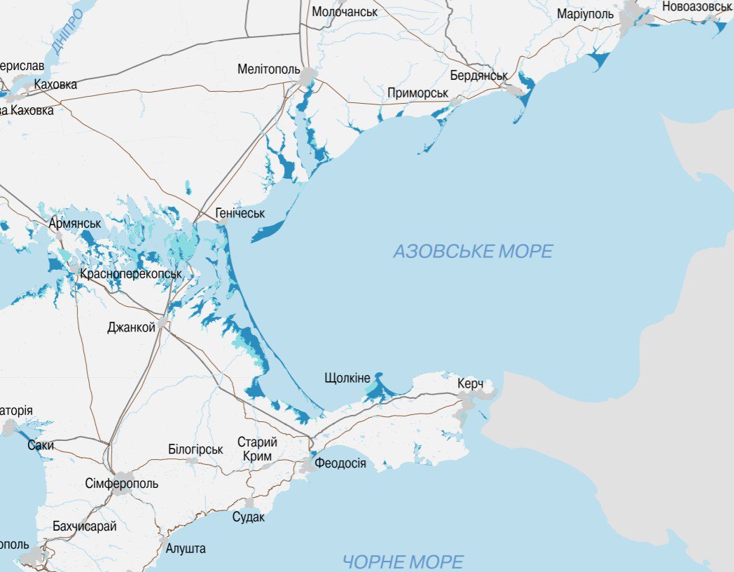 Зони підтоплення на азовському узбережжі та в нині окупованому Криму