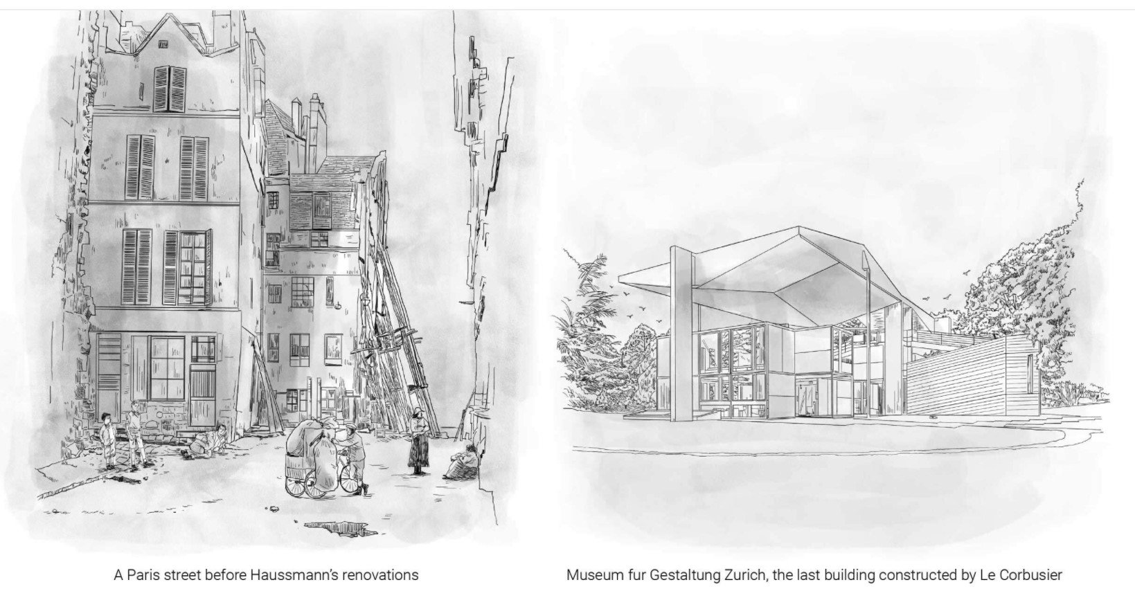Ліворуч: Париж до реновацій "барона Гаусмана", праворуч – приклад нової архітектури Ле Корбузьє