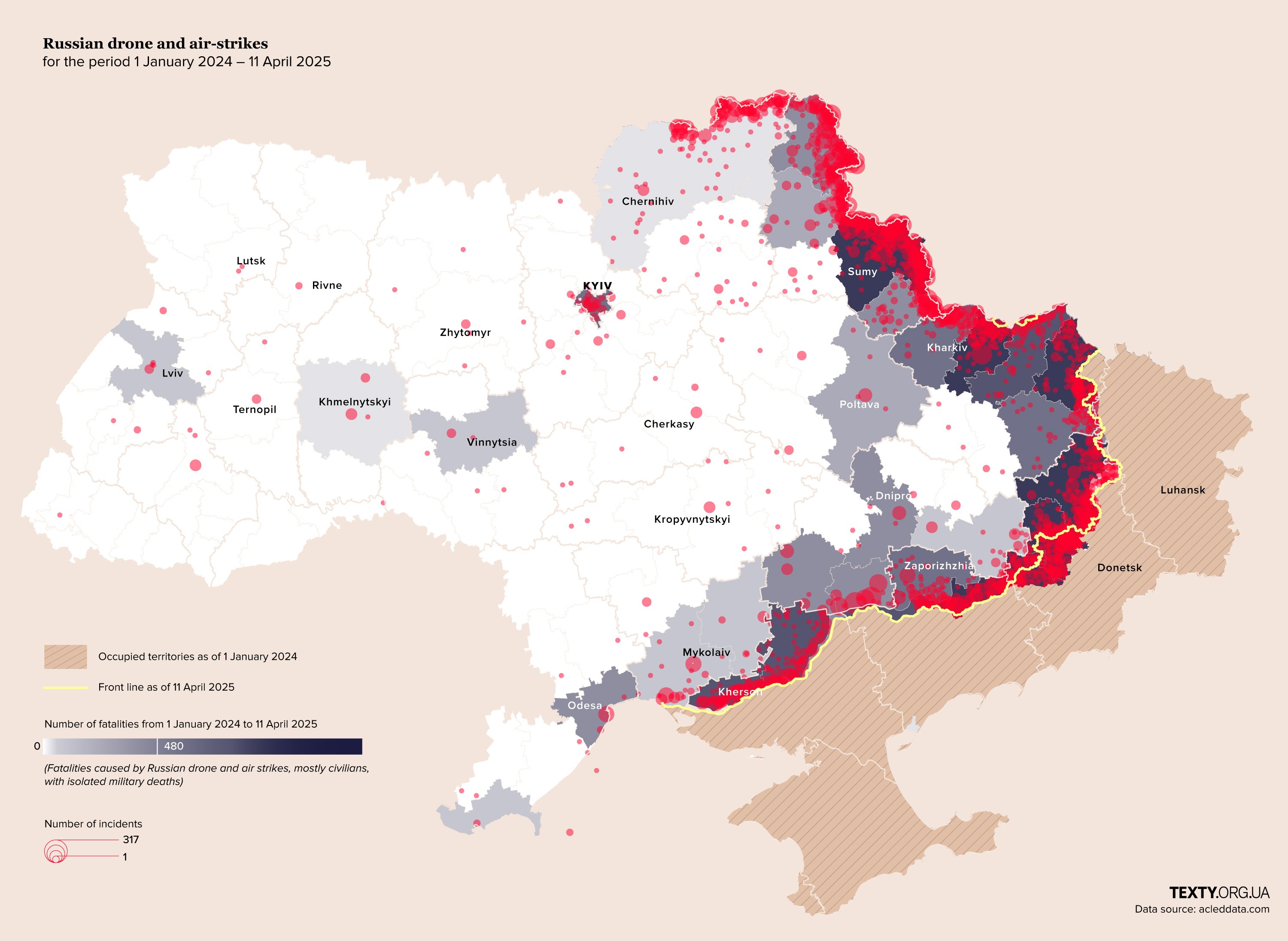 Map of Ukraine showing Russian drone and air-strikes from January 1, 2024, to April 11, 2025, including number of incidents and civilian fatalities.