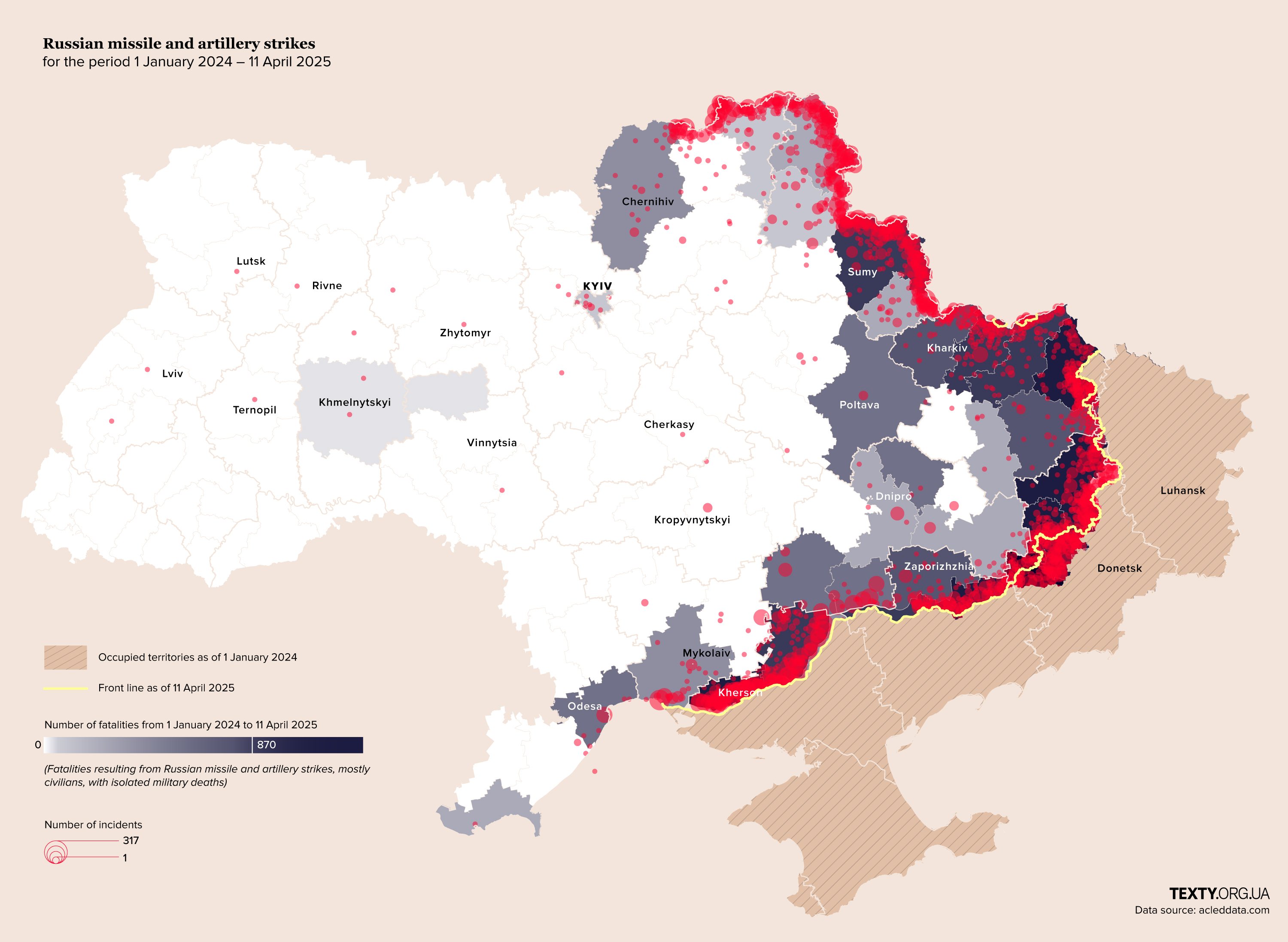 Map of Ukraine showing Russian missile and artillery strikes from January 1, 2024, to April 11, 2025, including number of incidents and civilian fatalities.