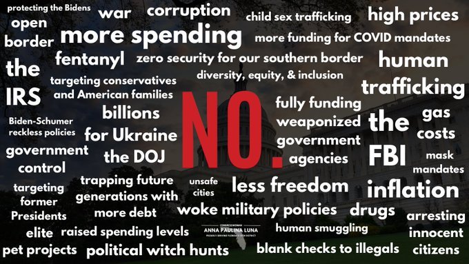 A poster shared in October 2023 on social media platform X by Anna Paulina Luna, a representative of the Trump wing of the Republican Party in the House of Representatives. Among other policy points, it includes a demand to stop supporting Ukraine.