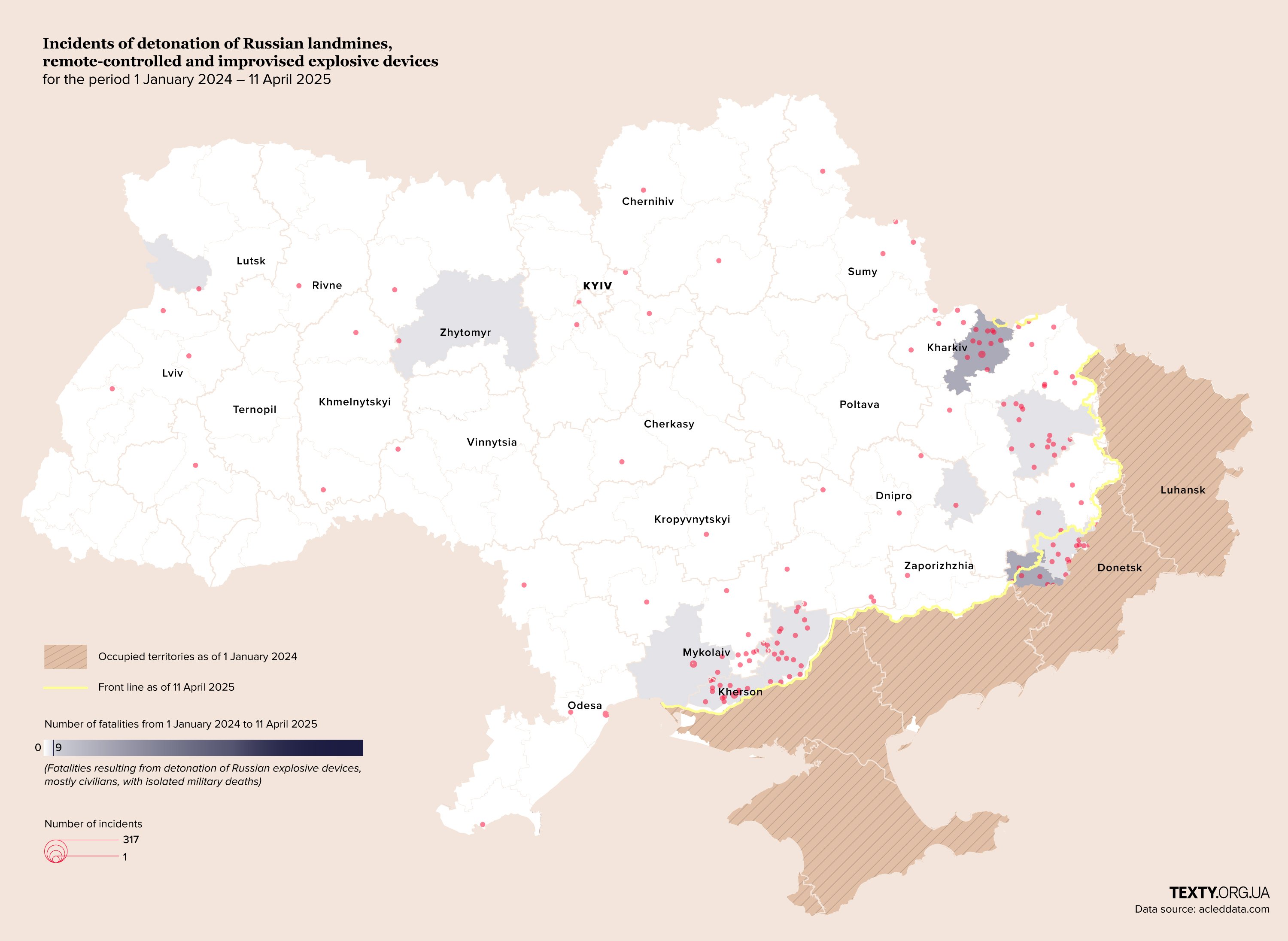 Map of Ukraine showing incidents of detonation of Russian landmines, remote-controlled and improvised explosive devices from January 1, 2024, to April 11, 2025, including number of incidents and fatalities.