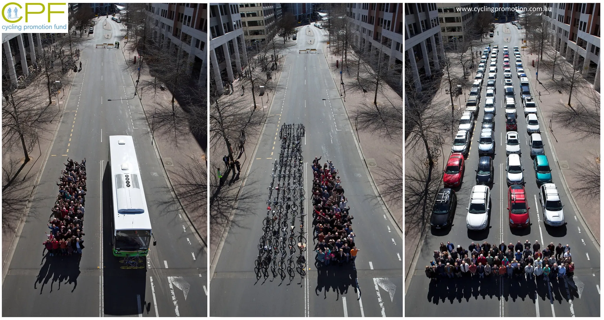 Вже класична ілюстрація. Скільки займають місця 69 пасажирів в автобусі, на велосипедах і на машинах. Фото: Cycling Promotion Fund