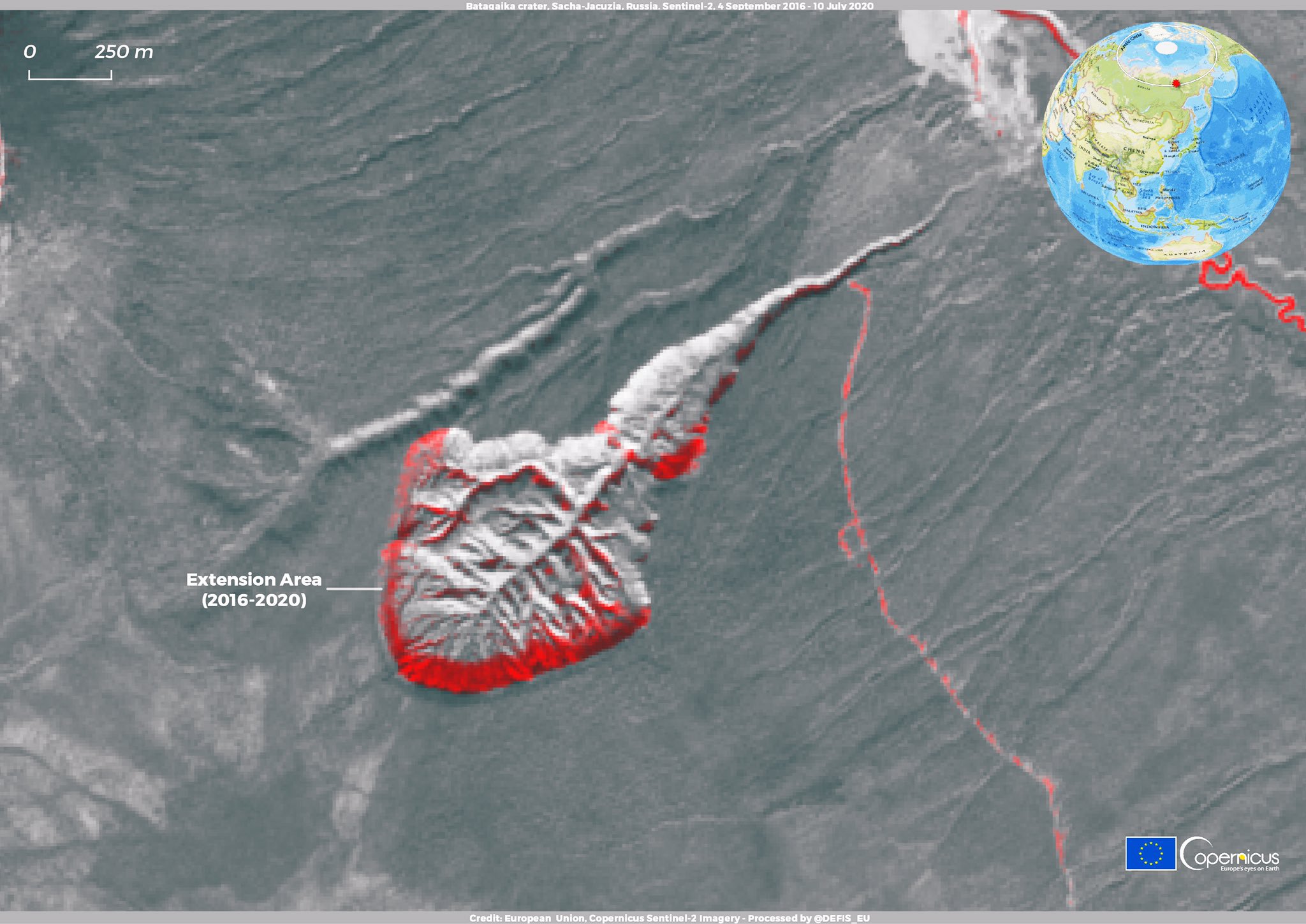 червоним позначено зону розширення кратера
