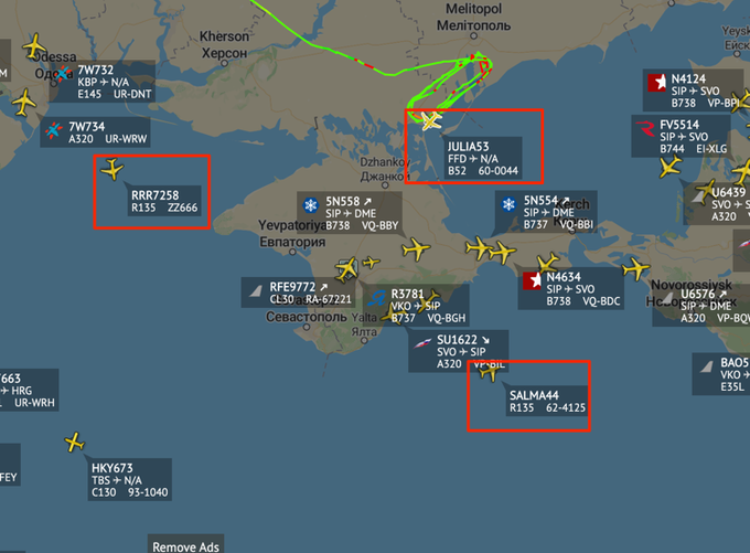 Бомбардувальники B52 роблять кола над територією України, літаки-розвідники знаходяться над морем. Фото: https://twitter.com/alcebaid/status/1301846354688434176
