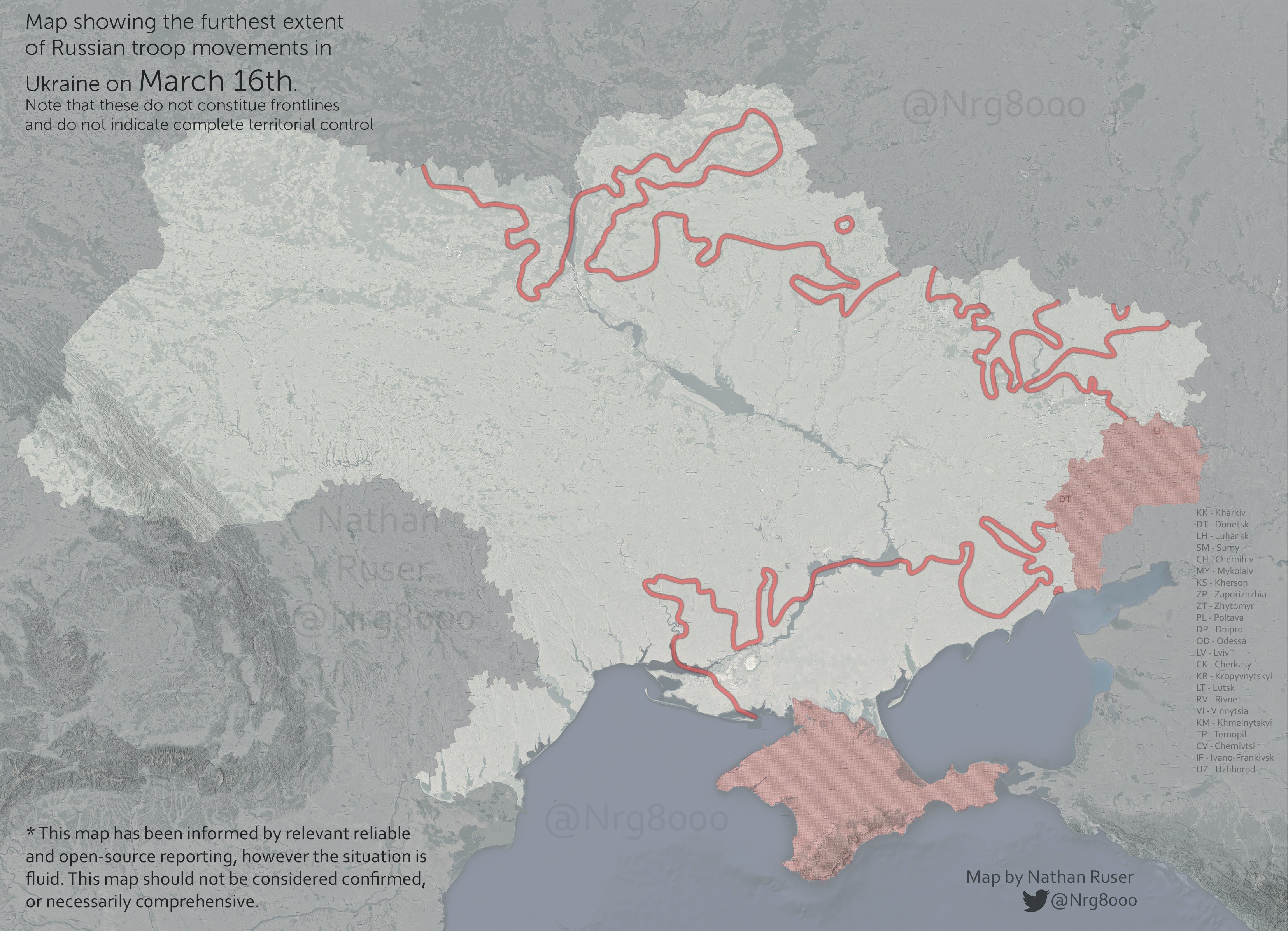 Карта показує найдальніші межі пересування російських військ в Україні