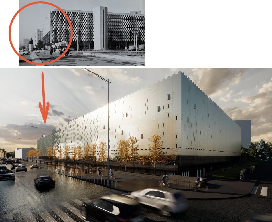 Візуалізація фасаду новобудови Дмитра Аранчія у порівнянні з первісним виглядом магазину, що заховався між новобудовами