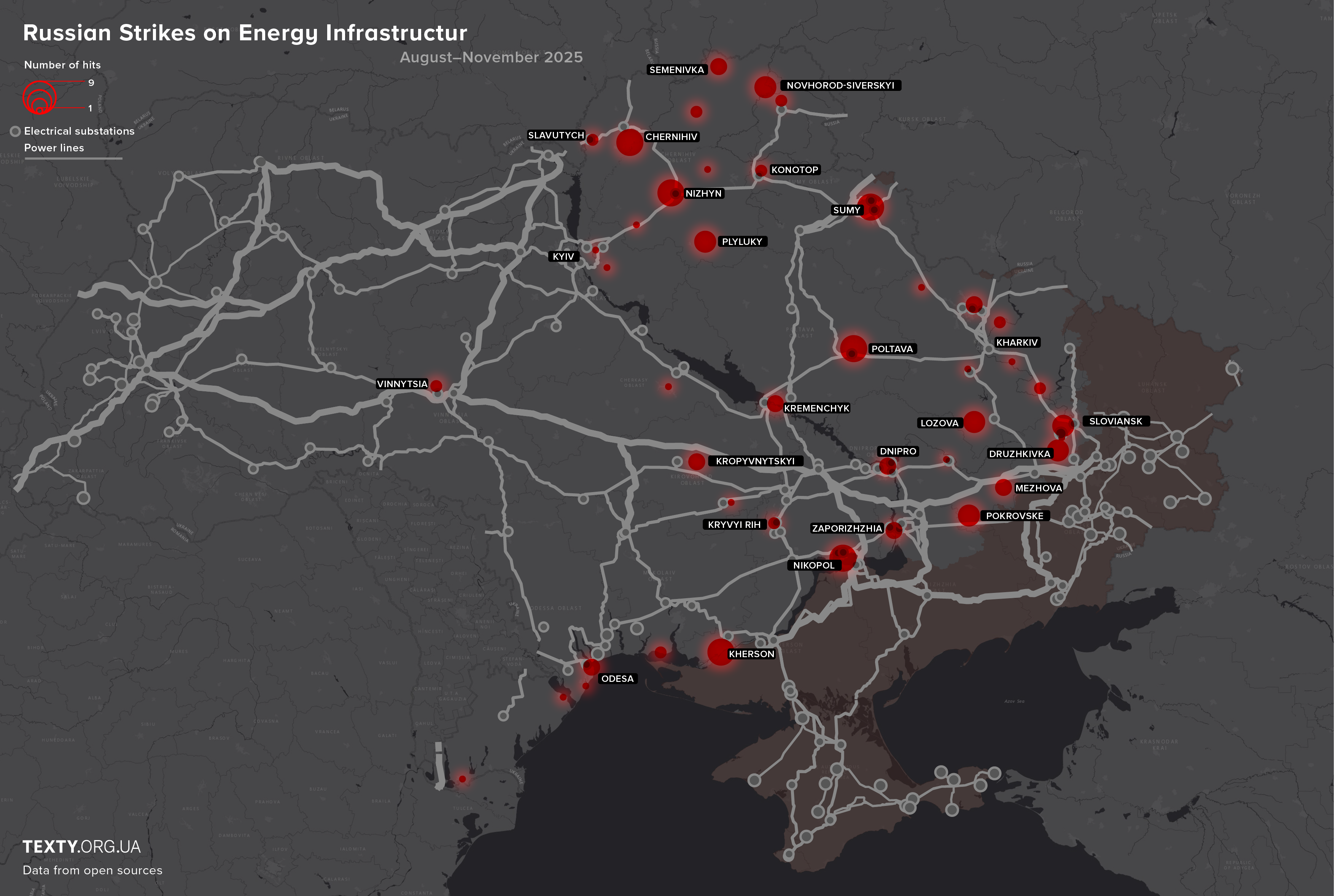 Map of attacks on the energy sector for August–October 2025