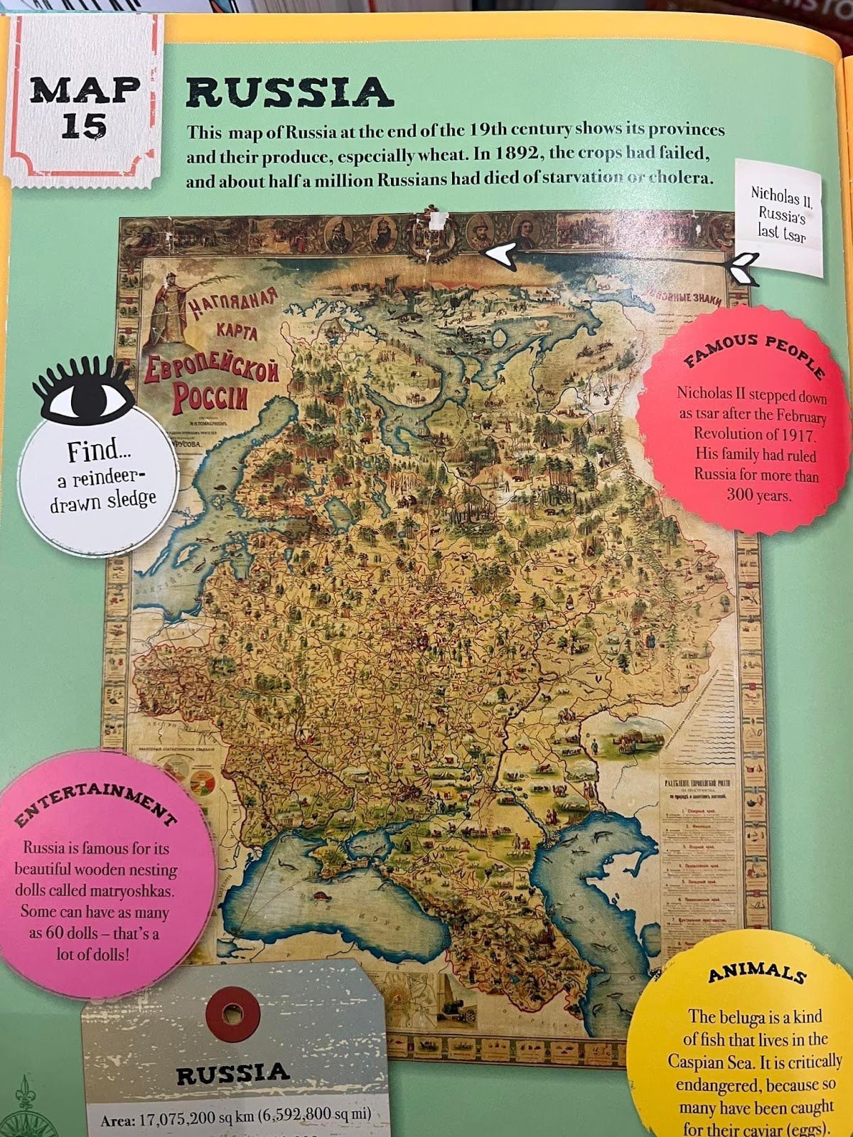 Around the world in 80 maps by Clare Hibbert, British Library / Firefly Books, 2017. Author pulls Ukraine and other countries into Russian imperial narrative, as well as generalising every nation under “Russians” dying from starvation and cholera