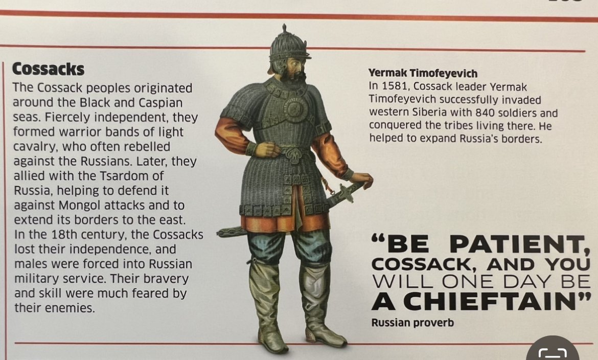 Knowledge Encyclopedia. The past you’ve never seen before. Dorling Kindersley, 2019. The book features a section about cossacks as well. In the same vein, no mention of Ukraine, its cossack state and stronghold. The famous Ukrainian cossack proverb conveniently becomes Russian.
