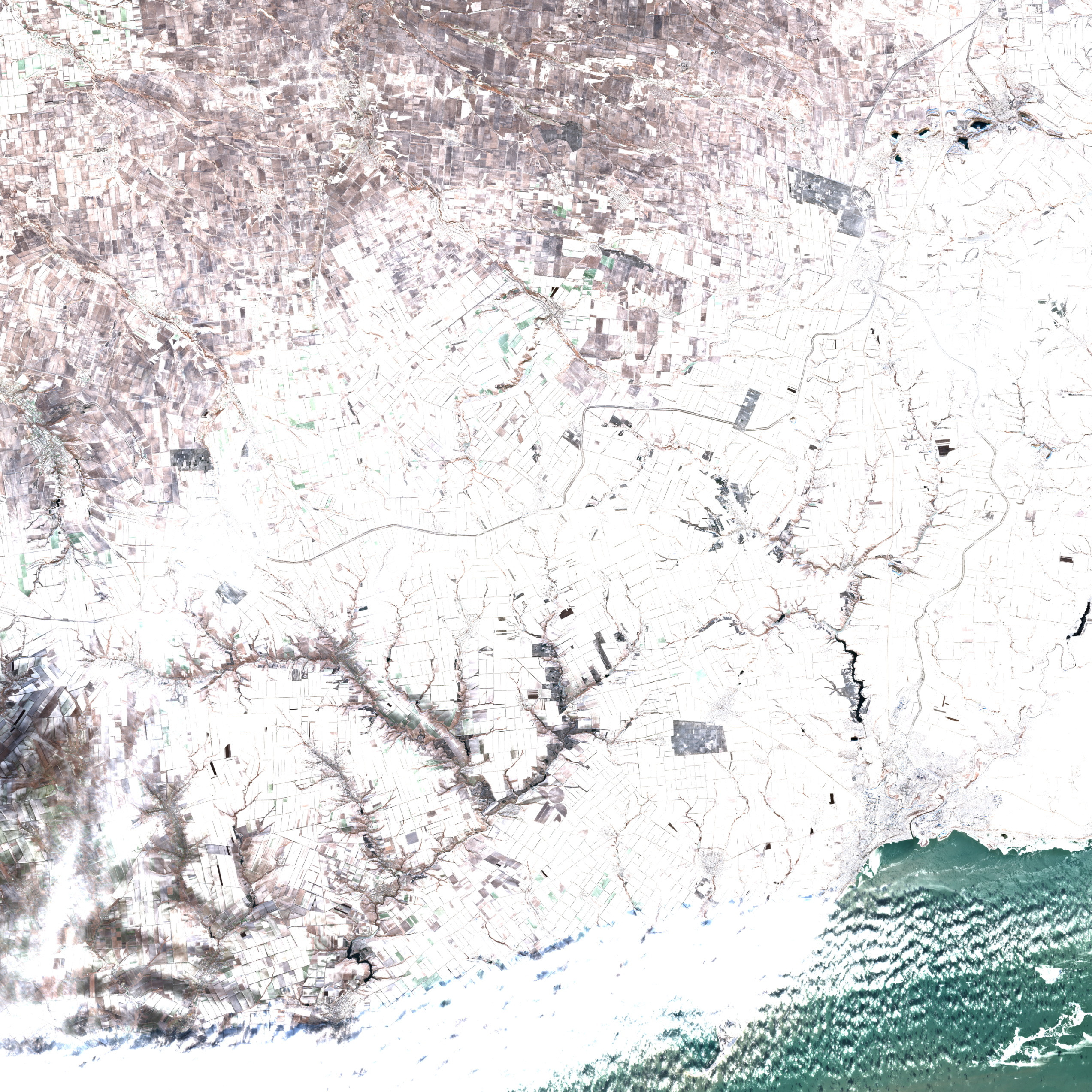 Супутниковий знімок, на якому видно тимчасово окуповану частину України (внизу праворуч Маріуполь)