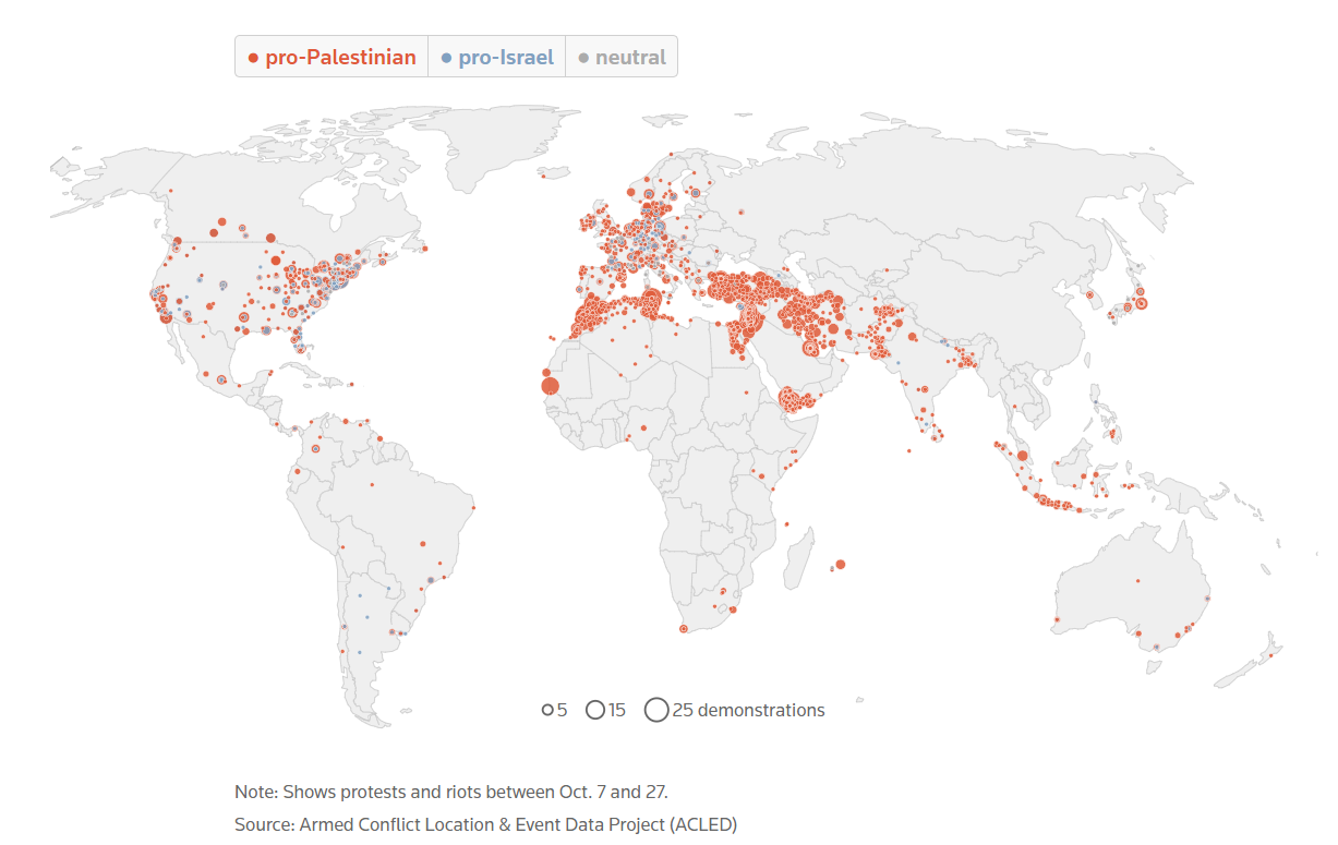Пропалестинські (червоним) і проізраїльські (синім) мітинги. Інфографіка: Reuters
