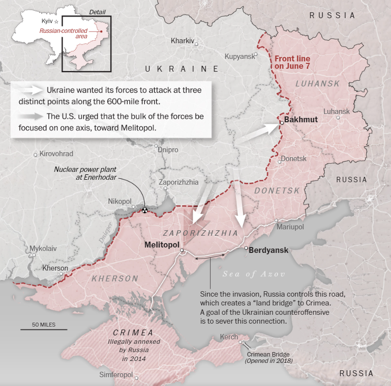 Україна хотіла, щоб її війська атакували в трьох різних точках уздовж 600-мильного фронту. США вимагали зосередити основну частину сил на одному напрямку — мелітопольському. Візуалізація: WP