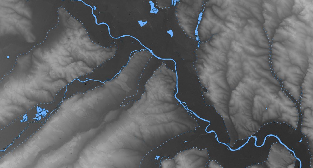 Низина довкола річки Дністер позначена темним кольором на супутниковому знімку, річка — синім.