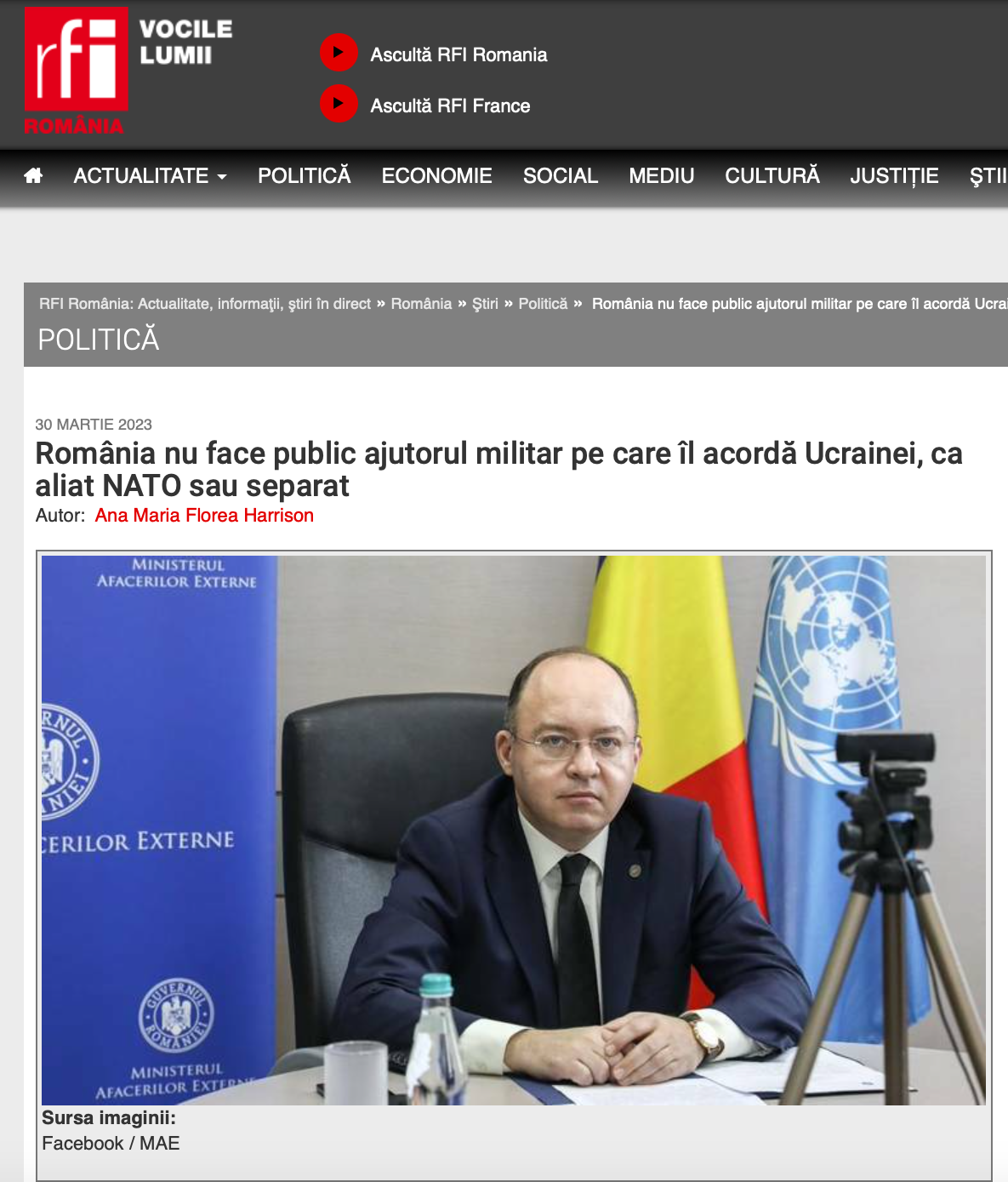 Знімок екрана RFI România: Румунія не оприлюднює свою військову допомогу Україні, ні як союзникові НАТО, ні, як окремій державі