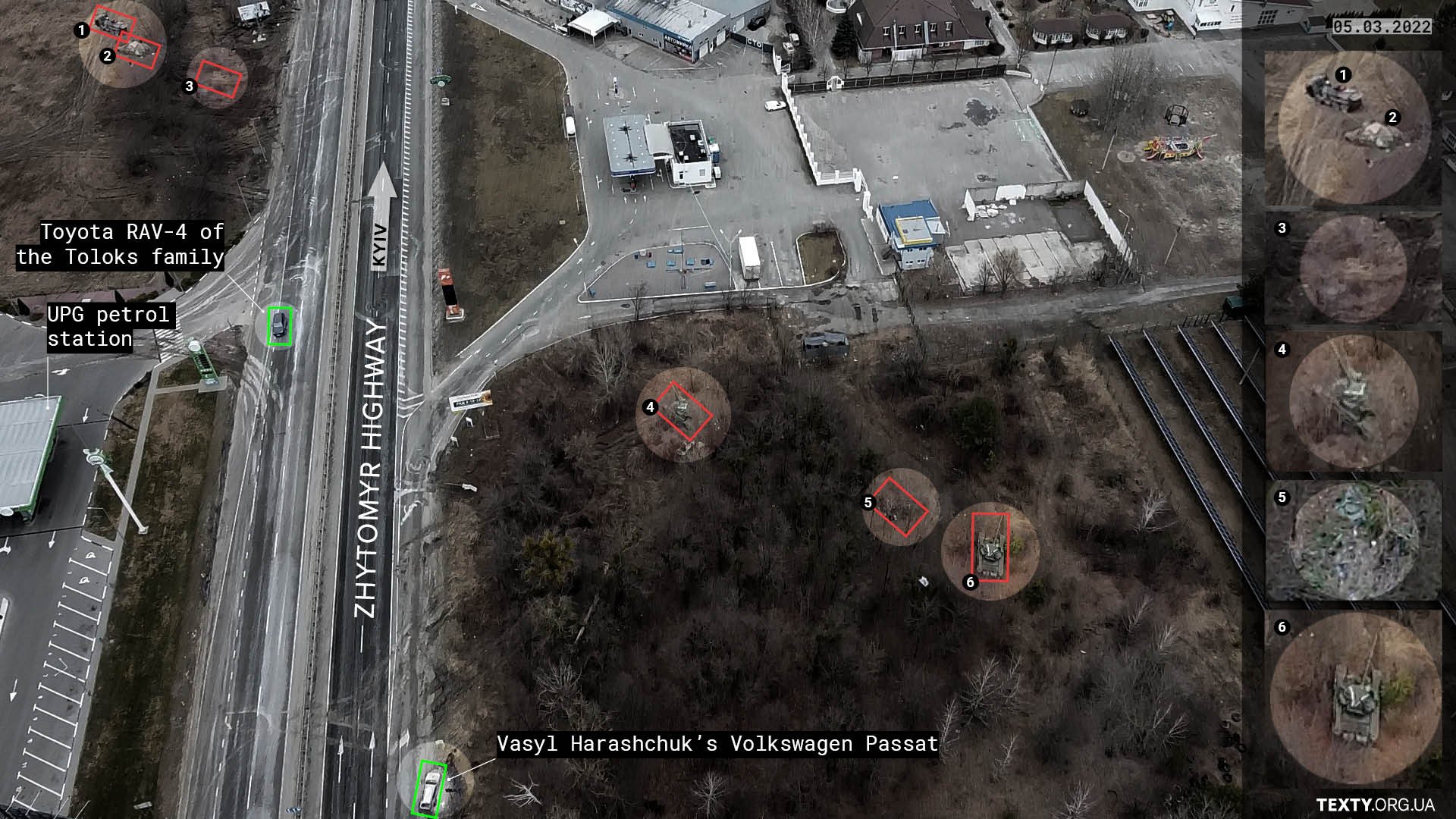 The locations of the shootings of Diana and Dmytro Tolok's Toyota RAV-4 and Vasyl Harashchuk's Volkswagen Passat