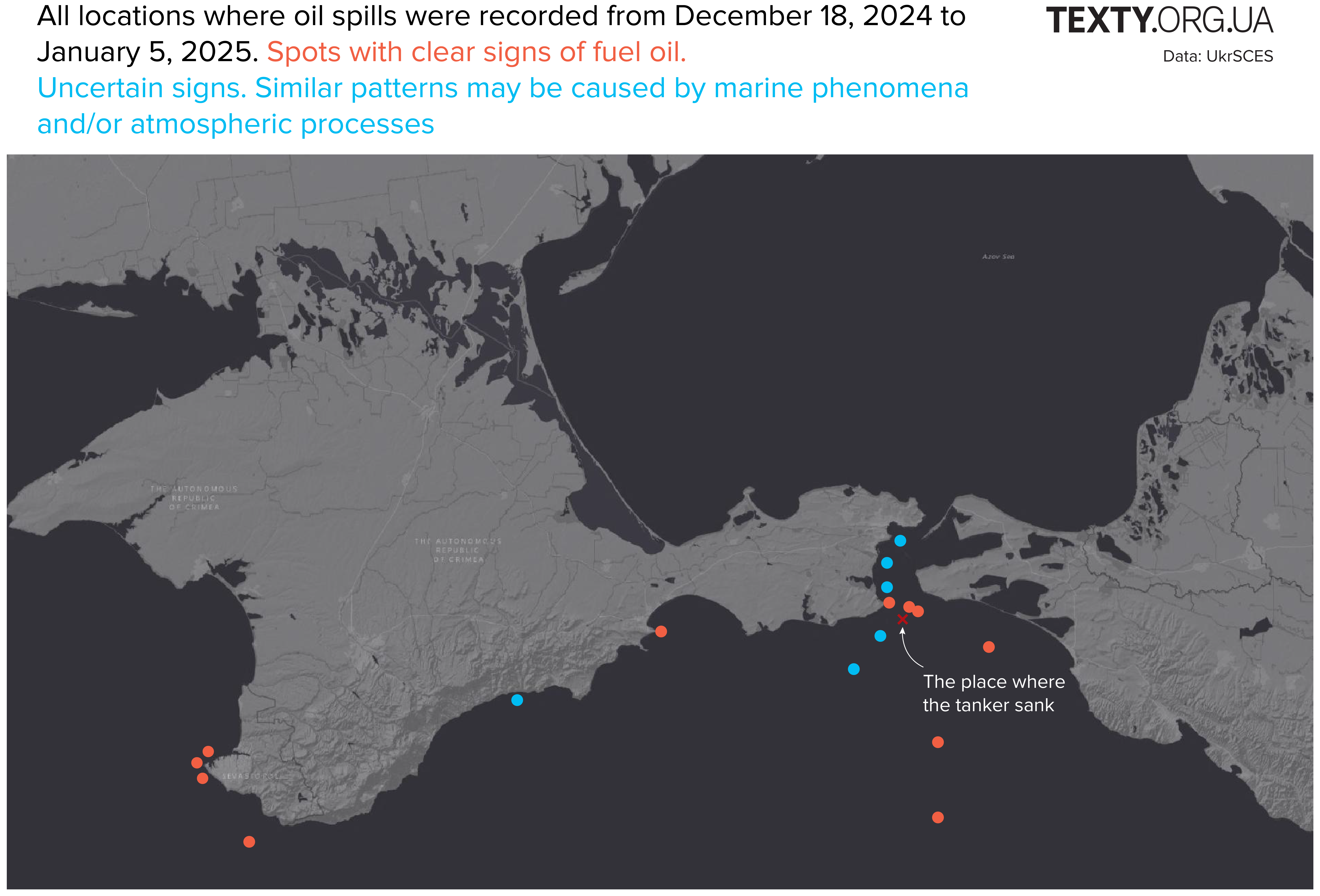 The image is a map displaying locations of oil spills recorded from December 18, 2024, to January 5, 2025, in the region surrounding Crimea and the Azov Sea. It uses red dots to mark spots with clear signs of fuel oil contamination and blue dots to indicate uncertain signs, possibly caused by marine phenomena or atmospheric processes. The map includes an annotation showing the place where a tanker sank, correlating with a cluster of red markers. The map background is gray with coastal features and labels for regions such as "The Autonomous Republic of Crimea."