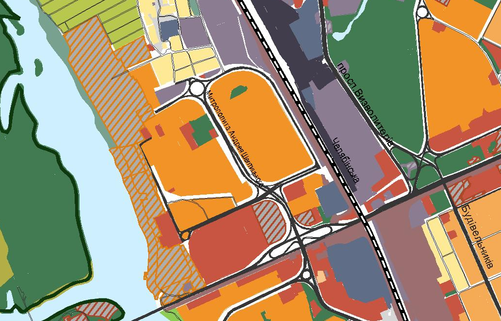 Сіро-помаранчевою штриховкою (у центрі фото, на березі ріки) позначений вже забудований район на схемі нового генплану Києва. Вулично-дорожня мережа там відсутня