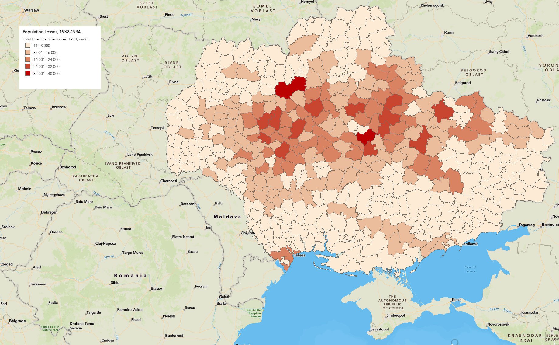 Мапа Голодомору, створена Українським науковим інститутом Гарвардського університету на основі даних Інституту демографії. Втрати по районах вдалося деталізувати лише за 1933 рік