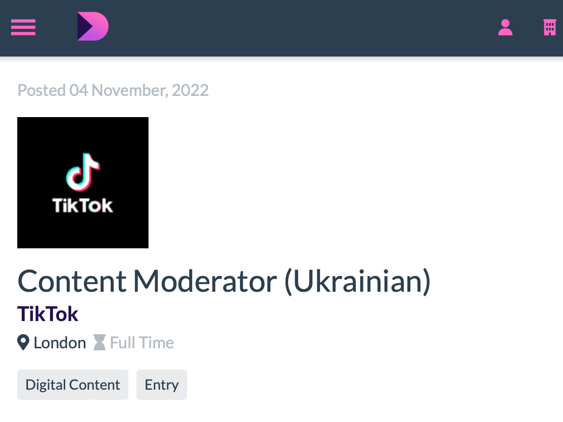 Example of a Job Posting for Ukrainian-Speaking TikTok Moderators