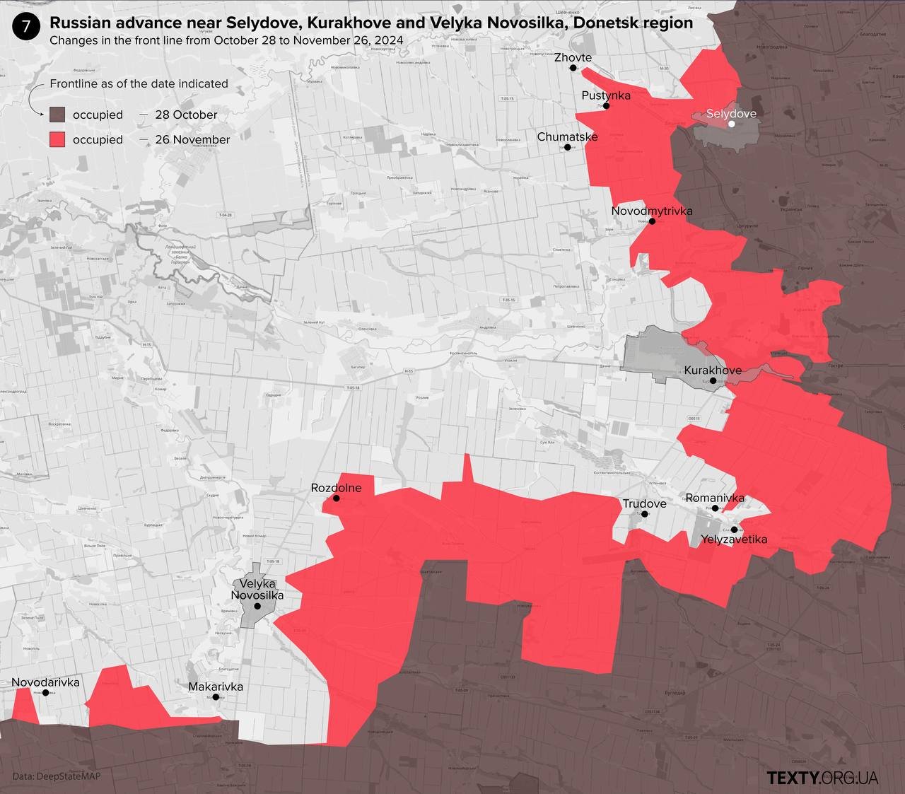 Map of Russian advances toward Pokrovsk in November 2024