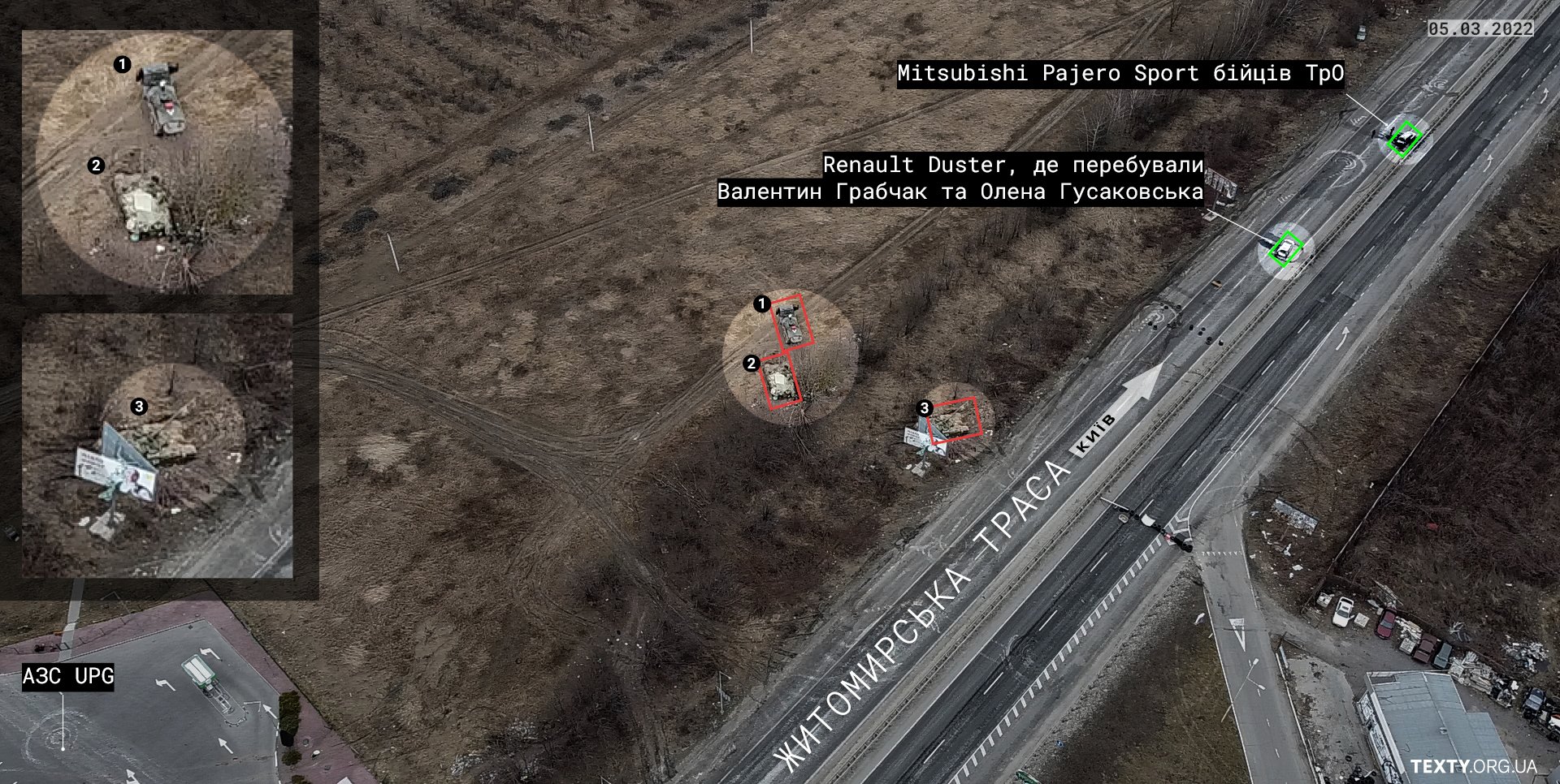 Місця розстрілу автомобілів Renault Duster і Mitsubishi Pajero Sport та розташування російської техніки поруч