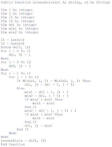 Програмний код (Visual Basic) відстані Левенштайна